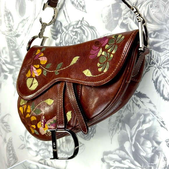 Christian Dior Vintage Y2k Era Brown Leather Embroidered Saddlebag Handbag - Picture 4 of 14